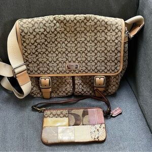 Coach Tan and Brown Signature Messenger Bag, come with Coach clutch.